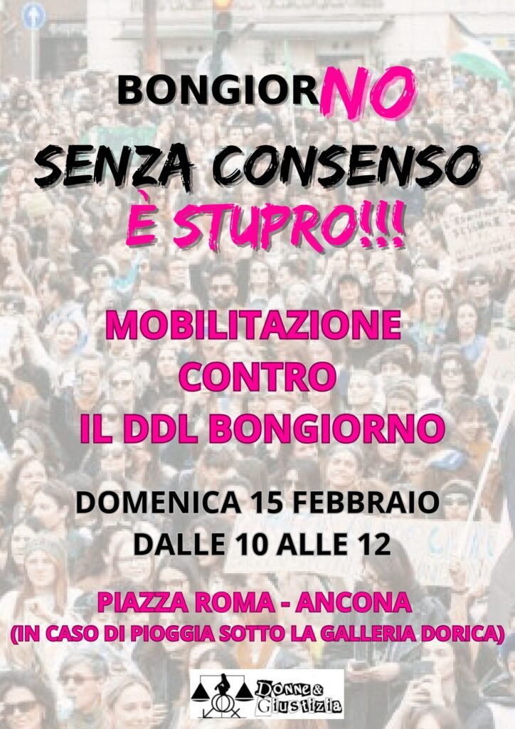 Volantino mobilitazione Donne e Giustizia Ancona 15 febbraio Piazza Roma contro il DDL Bongiorno